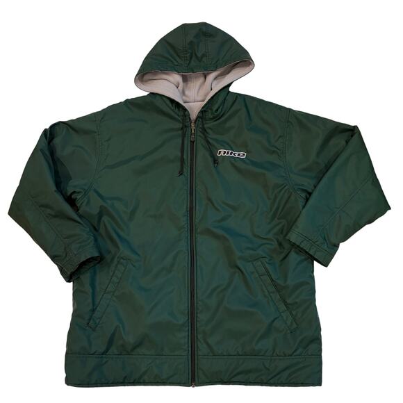 Vtg Nike Jacket Mens Large Green Reversible Coat Hooded Fleece Nylon Y2K Hip Hop - Picture 1 of 12